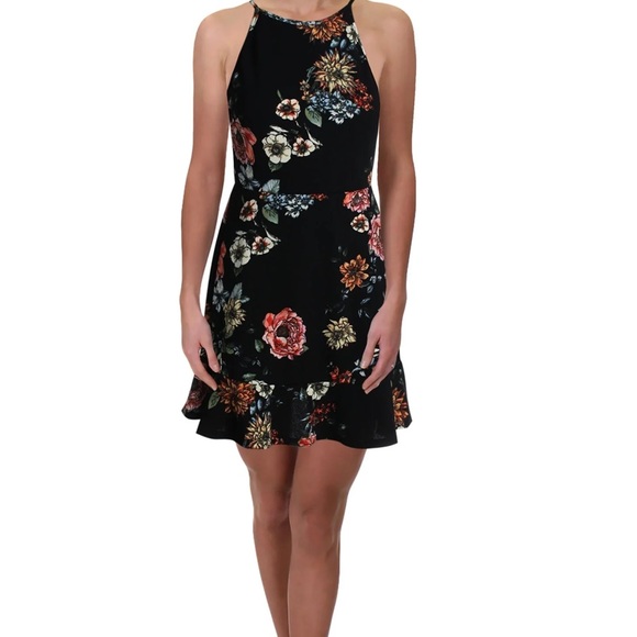 AQUA Dress Mini Halter Casual Black Multi New Sz M - Picture 1 of 7